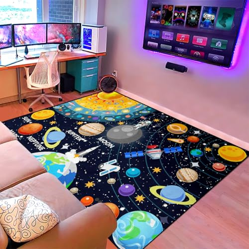 Jungen-Teppich mit Sonnensystem, pädagogischer Lernteppich, Kinder-Teppich für Spielzimmer, Wohnzimmer, Schlafzimmer, Klassenzimmer, Esszimmer, Dekoration, große Polyester-Bodenmatten, 1,5 x 1,8 m