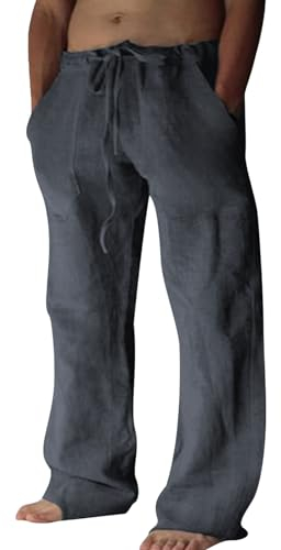 Puimentiua Leinenhose Herren,Lang Leichte Sommerhose,Sommer Leinen Hosen,Loose Fit Baumwollehosen mit Tunnelzug und Taschen (Dunkelgrau,XXL)