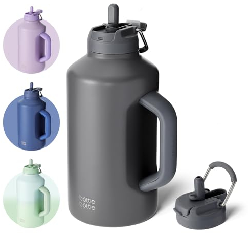 BOTTLE BOTTLE Isolierte Wasserflasche mit Strohhalm und doppeltem Deckel, Sport-Edelstahl-Wasserflasche für Herren, mit Griff, Vakuum-Edelstahl, für Workout und Sport, Baseball, Fußball, Grau