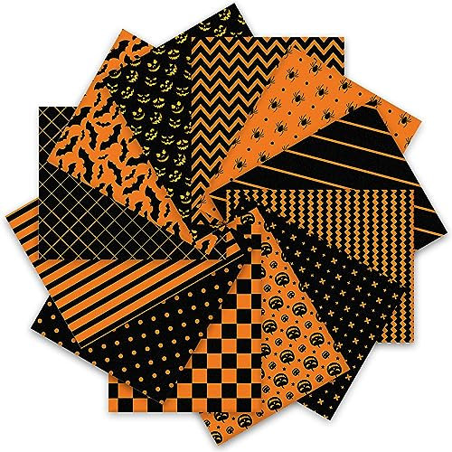 Whaline 12 Stück Halloween Baumwollstoffbündel 45,7 x 55,9 cm Spinne Kürbis Fledermaus Plaid Streifen Punkte Fat Quarters Orange Schwarz Halloween Quilten Patchwork Quadrate Nähen Stoffe für DIY