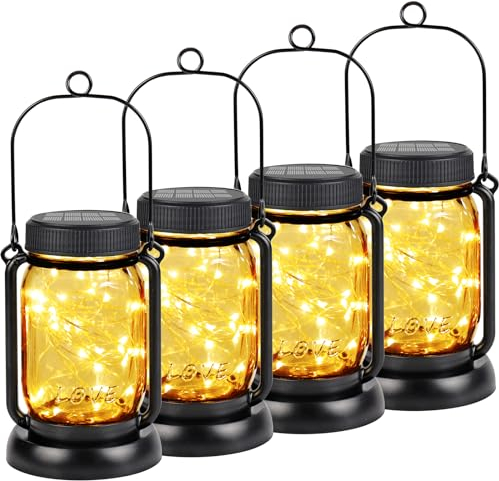 ZWOOS Lot de 4 lanternes solaires pour extérieur, en verre étanche IP65, suspendu/debout, lampes solaires pour décoration de balcon, décoration de jardin