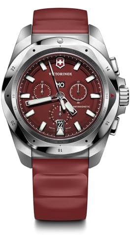 Victorinox Herren Armbanduhr I.N.O.X. Chrono Ø 43 mm, Swiss Made, Analog Quarz, Wasserdicht bis 200 m, Kautschuk-Armband, Rot