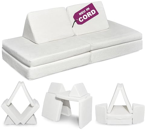 Linodino® Spielsofa Cord - Kindersofa | Schaumstoff Bausteine - Kinder Sofa für einen aufregenden Indoor Spielplatz | Kindercouch als Kuschelecke im Kinderzimmer, mit Schlaffunktion | Frostzauber Weiß