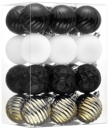 Valery Madelyn Christmas Tree Ornaments Set, 24ct Black White and Gold Shatterproof Christmas Tree Decorations Bulk, 2.36 Inches Hanging Ball Ornaments for Xmas Trees Holiday Decor