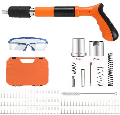 Mini Manual Nail Gun Set with 100Pcs Round Nails,5 Gear Portable Concrete Nail Gun Wall Nail Shooting Machine for Cement Wall Woodworking Decoration (Orange, with 100pcs Nails)