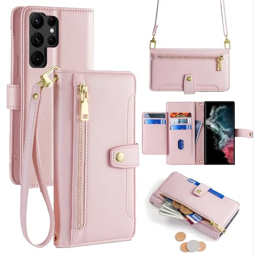 Handykette kompatibel mit Samsung Galaxy S22 Ultra | Leder Handyhülle mit Kartenfächern | Handyhülle zum Umhängen | Rosa