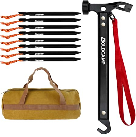 Zeltheringe und Hammer mit Canvas-Aufbewahrungstasche, robuste Campingpfähle für Outdoor-Zelt und Planen, unverzichtbares Zubehör, Karbonstahl, Aluminium, Campinghammer für Wander-Set, 8 Stück