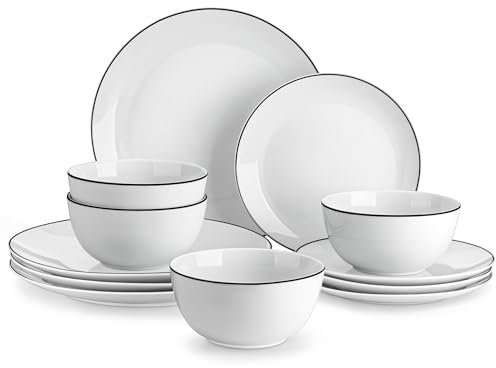 MALACASA 12 Pieces Gourmet Porcelain Dinnerware Sets, Modern White with Black Rim Dish Set for 4, Premium Serving Plates and Bowls Sets, Chip and Scratch Resistant Dishware Sets, Series AMELIA