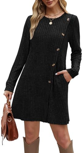 Aokosor Jumper Dress for Women UK Elegant Dress Ladies Long Sleeve Dress Ladies Button Front Slit Tunic Dresses with Pockets Black Size 22-24