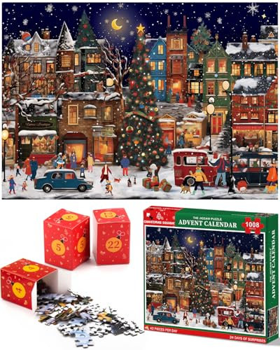 Advent Calendar 2024 Jigsaw Puzzles-1008 Pieces Puzzles,27.5 x 19.7inch Advent calendar puzzle for adults and children,24 days Divided into 24 boxes,Christmas puzzles gift for boys,girls(B-GC)
