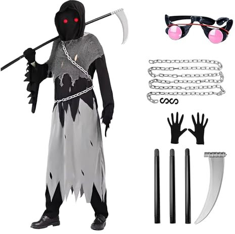 Falce Halloween Bambino, Halloween Costume Bambina, Scream Costume da Urlo Nero con Falce, Guanti, Occhiali, Mantello con Cappuccio e Catena di Metallo per La Festa Halloween, Cosplay (S)