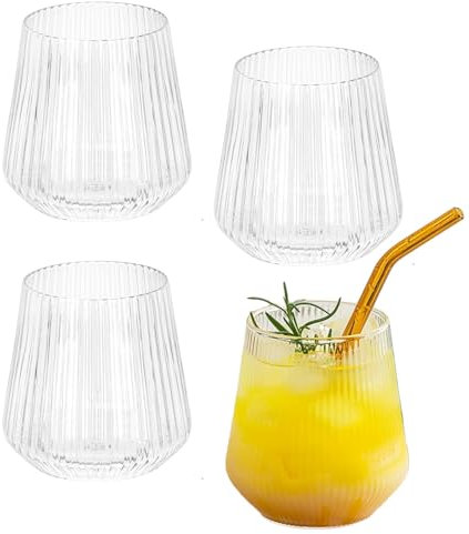 4 pcs Handmade Glassware, 380ml Red & White Wine Glasses, Ribbed Wine Glasses, Camping Glasses, Origami Style Ridged Drinking Glasses Tumbler, Vintage Stemless Cups for Champagne, Catering, Weddings