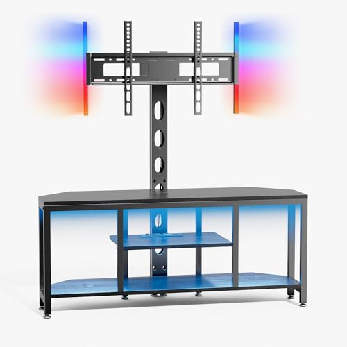 BACEKOLL TV Stand Cabinet with Mount and LED Light, Corner TV Stand with Storage and Power Outlet, Swivel Television Stand Console for TV Up to 65, Entertainment Center for Living Room, Bedroom