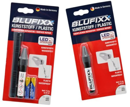 BLUFIXX-Pro Bundle Kunststoff Weiß - PRO-EDITION 2024 - Reparaturstift für Plastik, Bohrlöcher, abgeplatzte Kanten und Risse, Lichthärtendes Gel mit LED Licht