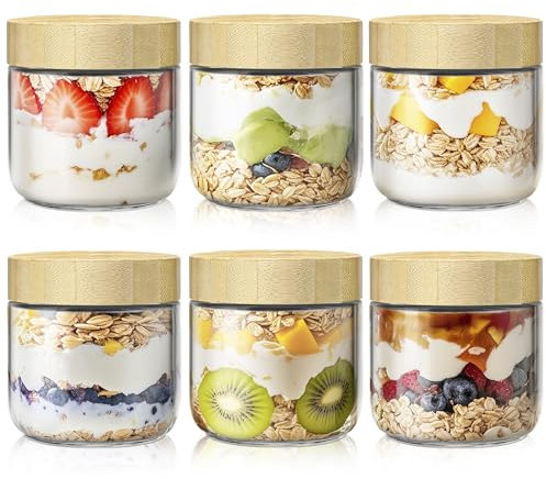 Haferbehälter für Übernachtung, mit Bambusdeckel, Glasdosen mit luftdichtem Deckel für Mahlzeitenzubereitung, breite Öffnung, Salatgläser, Glas-Frischhaltedosen für Joghurt, Chia, Snacks,