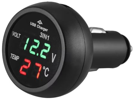 MiJunHD 3 in 1 Fahrzeuge Voltmeter, USB Ladegerät & Thermometer & Auto Batterie Spannungsmesser, LCD Digitales Anzeigefeld für 12V 24V KFZ Bus LKWs Zigarettenanzünder (Rotes Grünes Licht 1 Stück)
