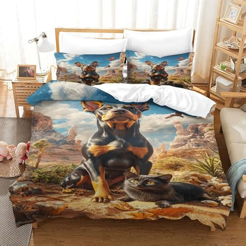 HMRKOEPGX Dobermann 3D Gedruckt Gedruckt Bettbezug Luxus Welpe Bettbezug 3 Teilig Mikrofaserbettwäsche Mit Reißverschluss Wende Bettwäsche Set Double(200x200cm)