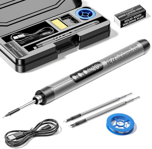 Akku Lötkolben Set,USB Wiederaufladbar Lötkolben Kabellos mit LCD-Display,Temperatur Einstellbare 260 ℃-420 ℃,3 Lötspitzen,Lötdraht,Lötkolben, Lötpaste,Professionelles Kabelloses Lötkolben-Set