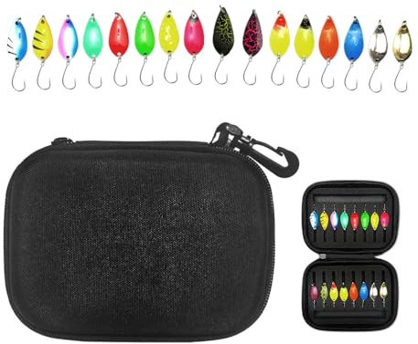 GIDWRIY 16 Piezas Cucharillas Pesca Trucha,Señuelos de Cucharilla Ondulante Lucio,Pesca Accesorios con Caja,Colores Múltiples Cucharilla Pescas Mar,Cebos de Pescas Artificiales para Pike Salmon Bass