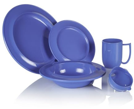 Dementia Friendly Unbreakable Dining Place Set - 18cm Plate, 25cm Plate, Desert/Soup Bowl and an Unbreakable Mug with Feeding Lid. (Blue)