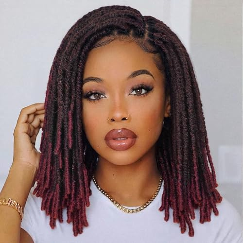 WIGNEE Full Lace Kurze Dreadlock Faux Locs Perücke Freier Scheitel | Weiche Doppelte Full Lace Faux Locs Perücke, Hitzebeständig, Natürlicher Look 35cm Rot Ombré Alltag