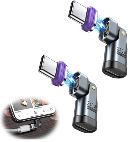 Bloomique 2 PCS 240W USB C Magnetic Adapter, 16-Pin Flat 90 Degree Type C Adapters Extender 48V/5A 180° Rotatable Type C Magnetic Adapter Supports Quick Charge and Data Transfer for Laptop Tablet