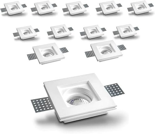 Set 12 Portafaretto Incasso Quadrato o Rotondo in Gesso Ceramico – Verniciabile, Completo di Portalampada GU10 (Quadrato)