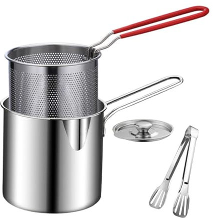 Fesatccoz Deep Fryer Pot with Oil Filter Basket Stainless Steel Long Handle Deep Fat Frying and Boiling Pan with Frying Basket Lid and Food Tongs for Kitchen Frying Fries Fish Chicken