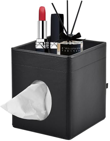 XNONE Tissue Box Cover,PU Leather Square Tissue Box Holder with Storage Tray for Bathroom Vanity Countertop Night Stands Bedroom Office Desk,Stylish Kleenex Box Holder Decorative Organizer (Black)