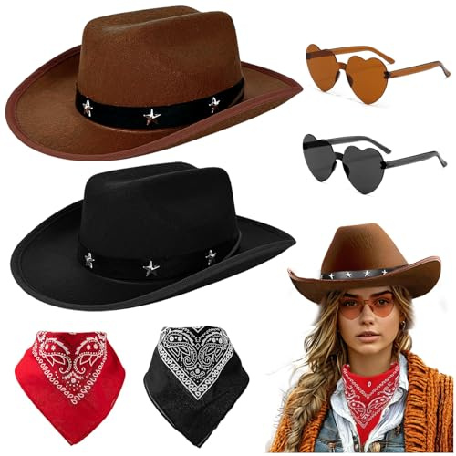 Audasi Cowboy Fancy Dress Zubehör Set, 6 Pack schwarze und braune Sterne-studded Cowboy Hüte Sonnenbrille mit roten & schwarzen Bandanas Western Fancy Dress-up für Cosplay Halloween Party