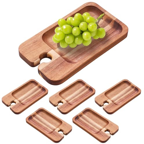 6Pcs Wood Serving Platters and Trays,21x12x1.5cm Wine Appetizer Plates with Wine Glass Holder, Wooden Mini Charcuterie Boards Cheese Board for Display Fruit Snacks Appetizer Sushi Food
