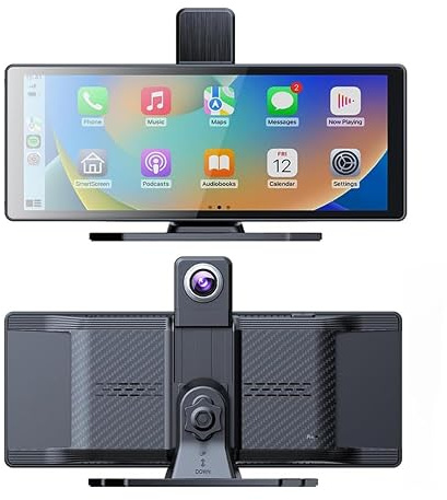 10.26” Wireless Apple CarPlay Screen & Android Auto Screen with 4K 360° Rotatable Dash Cam + 1080P Rear Camera, IPS Touchscreen, Voice Control, Split Car Screen, GPS Navigation, 64GB SD Card Included