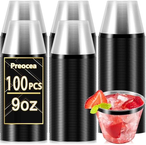 Preocea 100 Pcs 9oz Rimmed Plastic Cups, Clear Party Cups, Black Rim | Heavy Duty Plastic Cocktail Cup, Elegant Cocktail Glasses for Wedding, Birthday Party And Holiday Celebrations