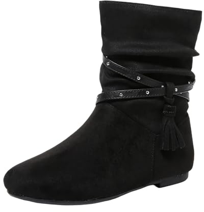 Stivaletti da donna casual in camoscio con frange per uso quotidiano, comodi stivali con tacco basso punta chiusa, perfetti per jeans invernali