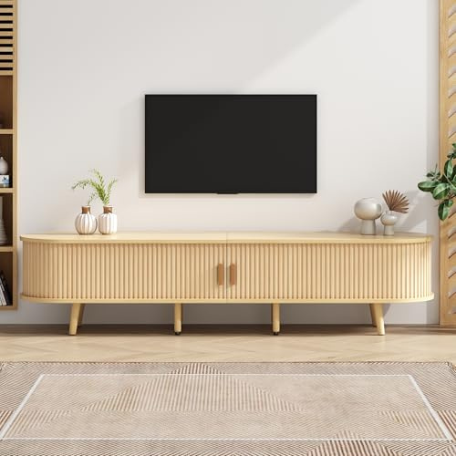 Merax TV Stand, 175cm Oval TV Unit with 2 Drawers & Sliding Doors, Modern TV Cabinet Storage Sideboard, Wood Colour TV Console with Rounded Corners for Living Room Bedroom