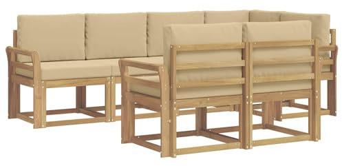 vidaXL Outdoor-Sofagarnitur mit Kissen 7 pcs Weiß und Beige Polyester, Stylisches Outdoor-Sofa-Set, Moderne Gartenmöbel, wetterfestes Akazienholz, modulares Sitzen für Terrasse und Lounge