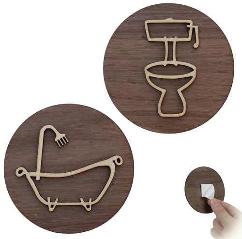 Set de 2 Cartel Baño de Madera - Señales de Aseo + Baño - Cartel Aseos de Diseño Artesanal, Original y Sostenible - Carteles WC Adhesivos