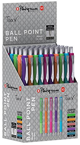 Platignum Tixx Multicoloured Ballpoint Pen [Pack of 50] Soft Grip Barrel with Hybrid Gel Ink for Smudge-Free and Ultra-Smooth Writing [50465],Orange,Green,Lime,Turquoise,Pink,Purple