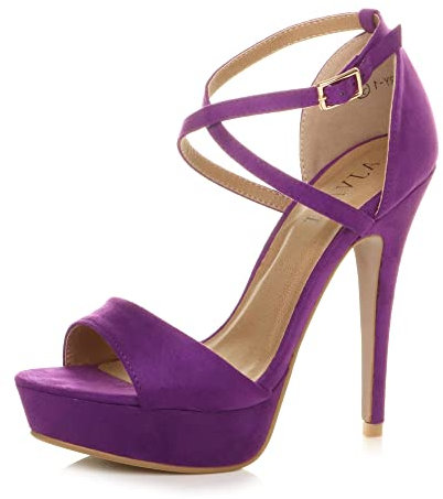 Womens Ladies Platform high Heel Peeptoe Cross Over Strappy Shoes Size 3 36, 3 UK, Purple Suede