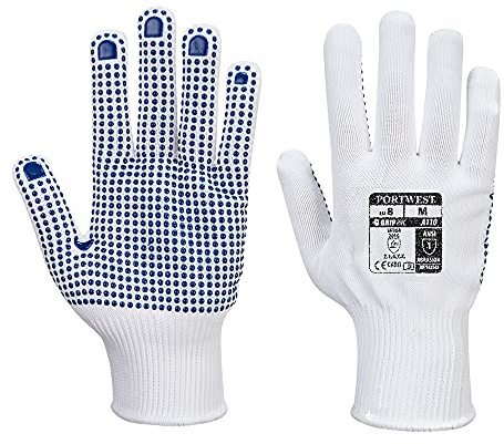 Portwest A110 Grip 13 PVC Dotted Glove Knitted Cuff Polyester Breathable | White/Blue, X Large, EN ISO 21420 Dexterity 5, CE Certified, EN 388, Jobs Requiring High Dexterity, Mechanic
