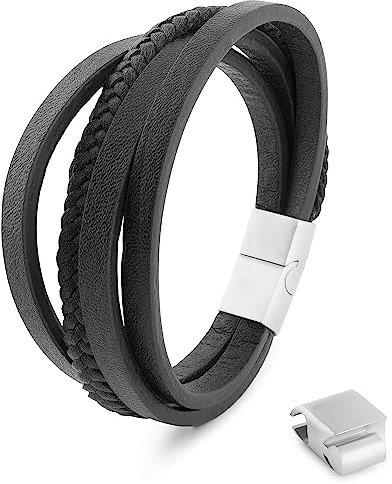 Akitsune Pathfinder Synthetisches Lederarmband | Magnetverschluss aus Edelstahl - Geflochtenes Männer Herren Armband inkl. schöner Schmuckschachtel - Silber-Schwarz - 17cm