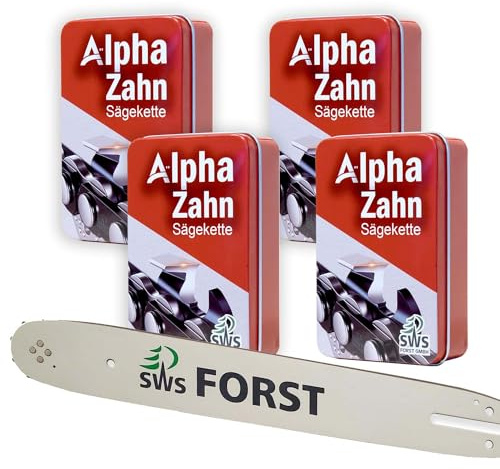 30cm SWS Forst GmbH Schwert Set,4 Alphazahn Sägeketten in der praktischen Metallbox 3/8 1,1mm 44TG kompatibel mit Stihl MS241