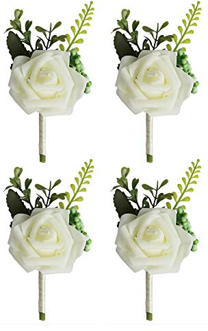 VOANZO 4 PCS Boutonnière De Mariage Artificielle PE Rose Fleurs Corsages pour Mariée Marié Garçons d'honneur Fille Bouquet Broche 15x8x5 cm (Blanc)