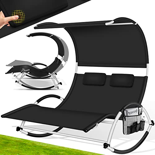 KESSER® Chaise Longue Double +Toit Solaire, Coussin, pour 2 Personnes, Relaxation, Jardin à Bascule, Surface de Couchage Ergonomique, Charge de 240 kg, Noir
