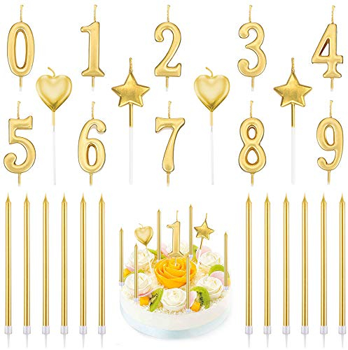 PUDSIRN 26-teiliges Geburtstags-Kerzen-Set, 10-teilige Nummer 0-9 Glitter Cake Topper-Dekoration mit 16-teiligen langen Stern- und Herz-Geburtstagskerzen (Golden)