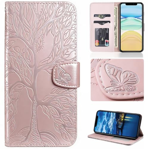 Aisenth Coque pour iPhone 7 Plus/8 Plus Etui Portefeuille avec Porte Cartes | Motif Arbre Gravé,en Cuir PU Premium,Antichoc,Fentes Cartes+Pochette de Portefeuille,avec Fonction Support,Or Rose