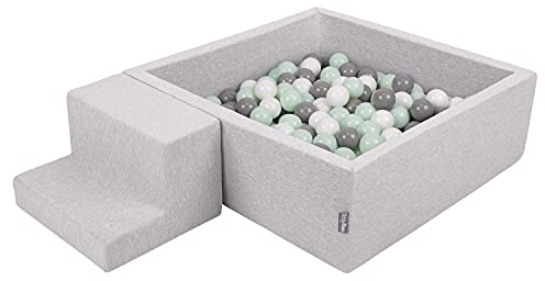 KiddyMoon Spielplatz Aus Schaumstoff Mit Quadrat Bällebad (100 Bälle) Ballgruben Für Babys Spielbad Hindernisläufen, Hergestellt In Der EU, Hellgrau:Weiß/Grau/Minze