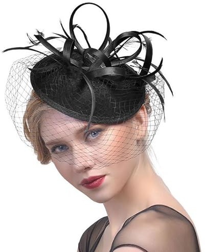Fashband Fascinator Hut Schwarzer Schleier Mesh Feder Stirnband Blume Ascot Hüte Kopfbedeckung mit Haarspange Hochzeit Braut Haarschmuck für Frauen und Mädchen