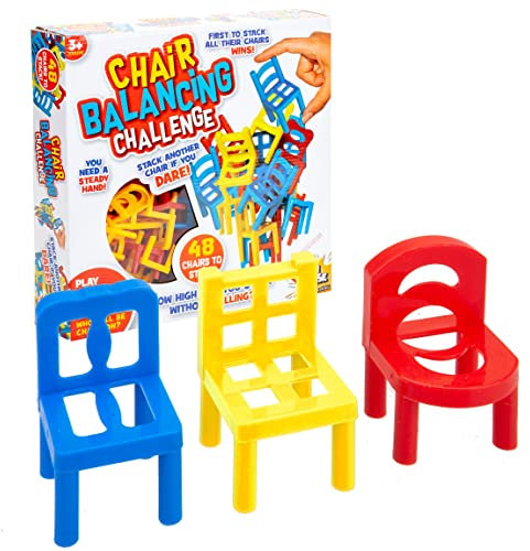 VFM - Balancing Chair Challenge Game - Hilarious Family Fun Multiplayer Or Solo Age 3+ Stackable Seats Fun House Gaming Toy With 48 Colourful Chair Pieces