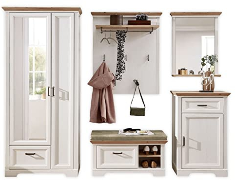 Stella Trading JASMIN Flurgarderoben Set in Pinie hell, Artisan Eiche Optik - Landhausstil Garderobenset 5-teilig für Ihren Eingangsbereich - 281 x 204 x 41 cm (B/H/T)